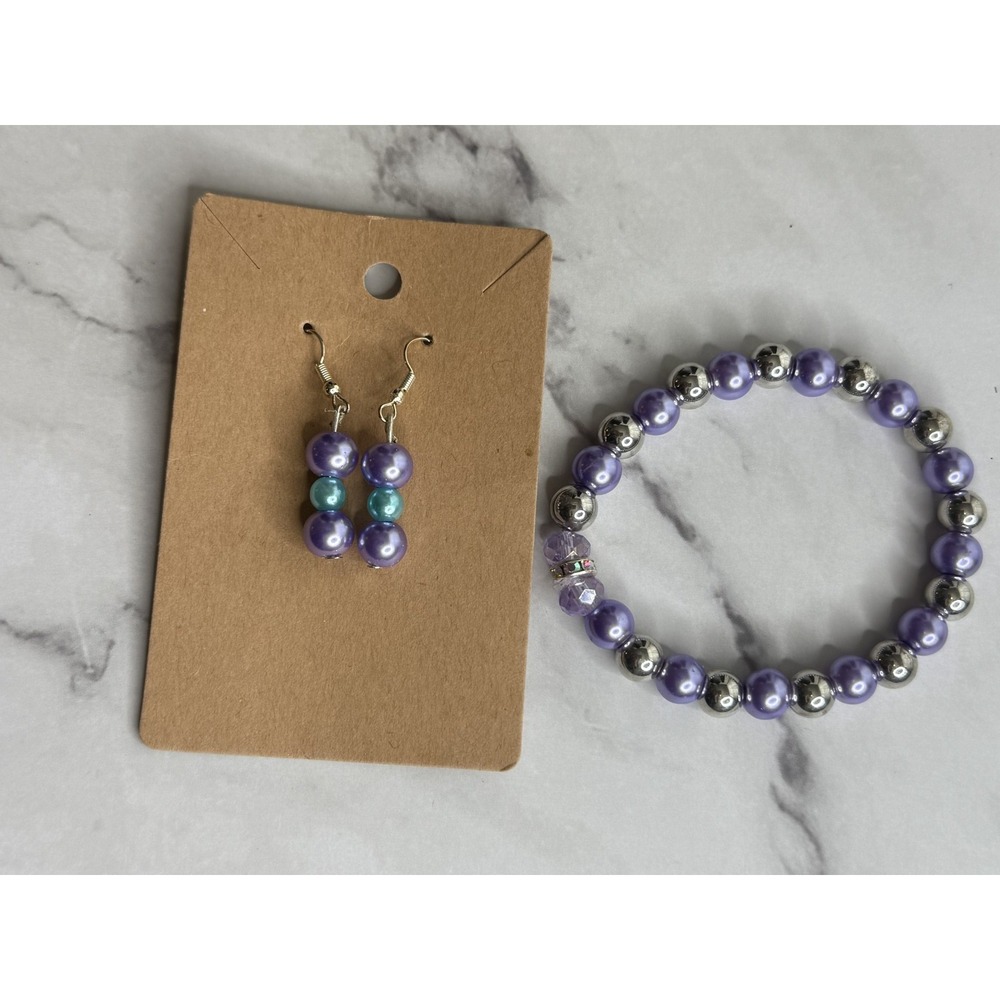 handmade beaded dangle earrings and bracelet set, purple, silver and‎ blue